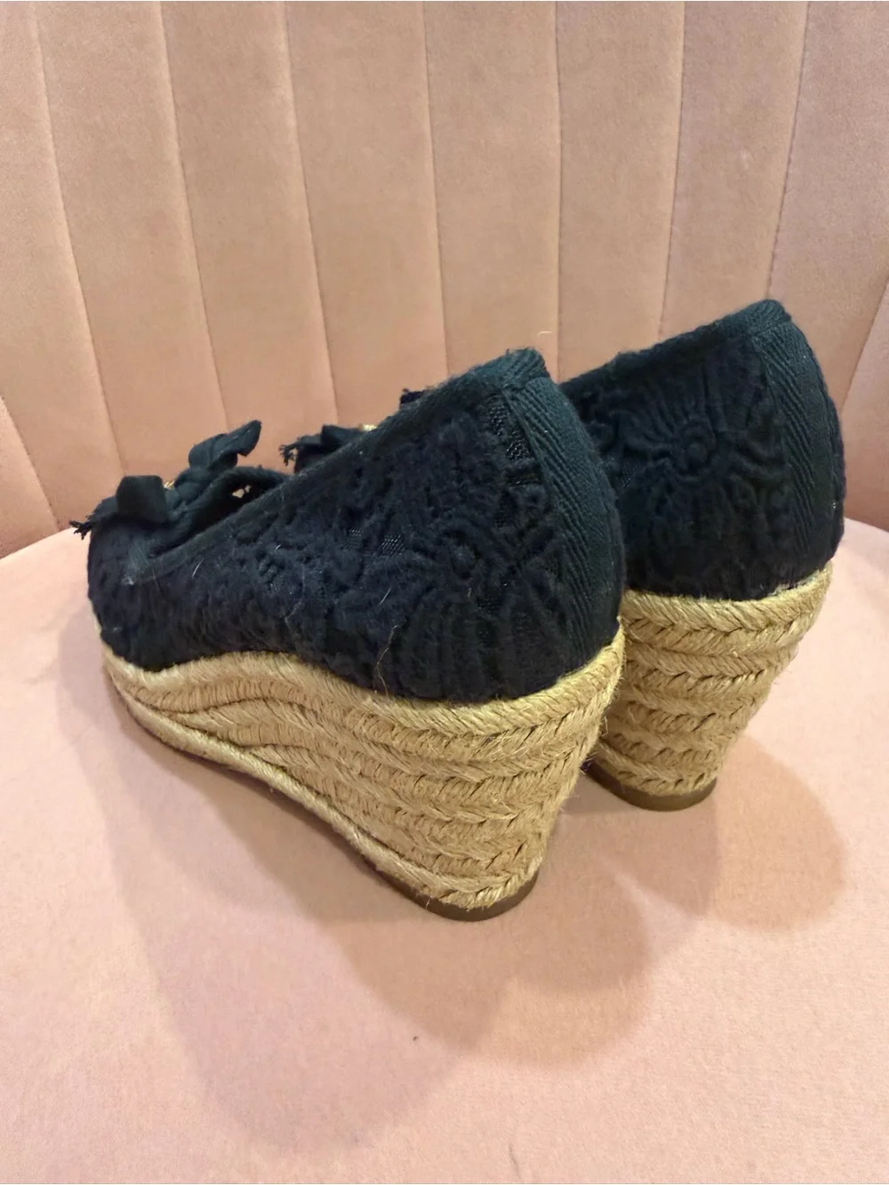 Tory Burch Black Lace Espadrille Wedges with Bow Accent